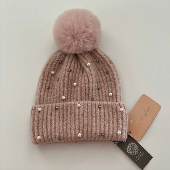 Vince Camuto Pink Beanie with Pom-Pom and Beads - Picture 9 of 9